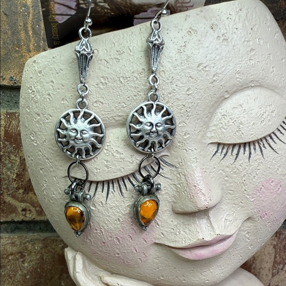 Silver tone Sun Dangle Earrings with Amber Accents - Picture 1 of 5